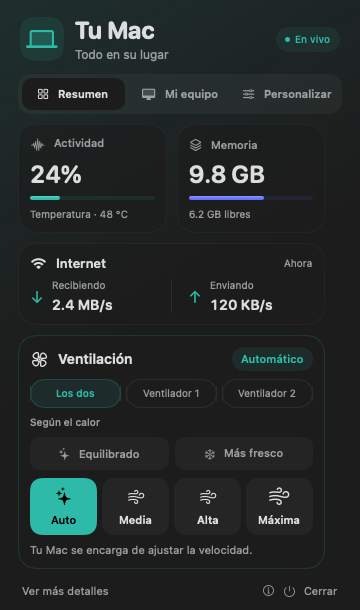 Vista ilustrativa de la app con actividad, memoria, internet y ventilación